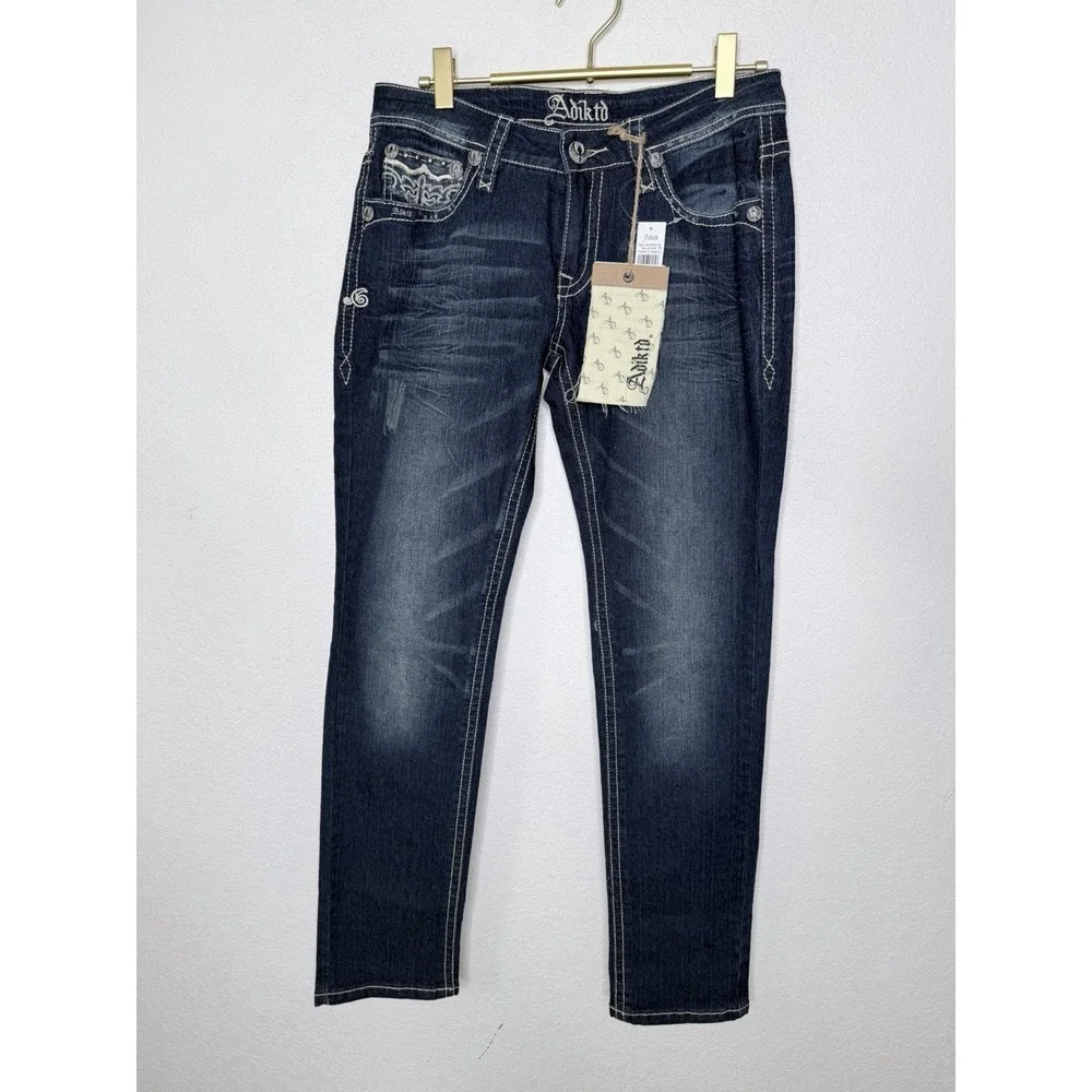 NWT Adiktd Denim Jeans 6/29 L 31 Low Rise Straight‎ Embroidered Distressed Bling